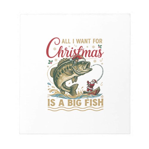 Christmas Big Fish Bass Santa Boat Fishing Notepad