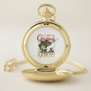 Christmas Big Fish Bass Santa Boat Fishing Pocket Watch