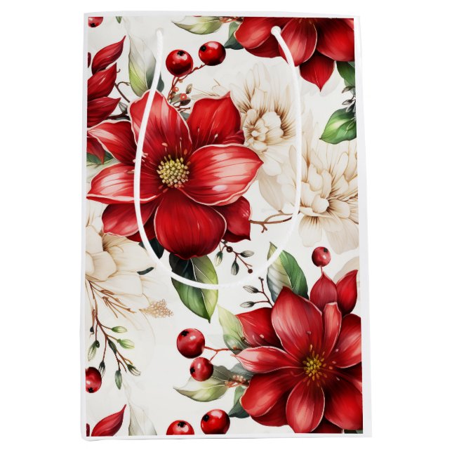 Christmas Big Flower Poinsettia Red Green Pattern Medium Gift Bag (Front)
