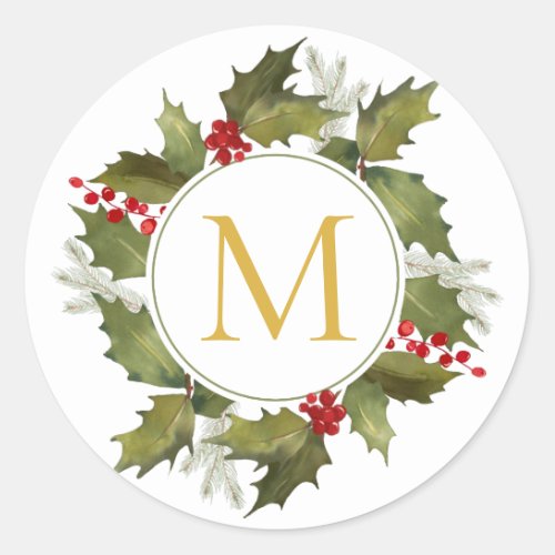 Christmas Big Monogram Vintage Holly Wreath Classic Round Sticker