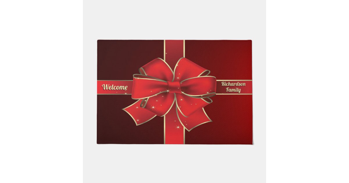 Christmas Big Red Bow Holiday Ribbon Monogram Doormat Zazzle Com