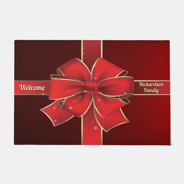 Christmas Big Red Bow Holiday Ribbon Monogram Doormat (Front)