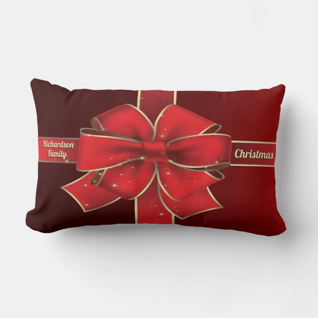 Christmas Big Red Bow Holiday Yule Ribbon Monogram Lumbar Pillow (Front)