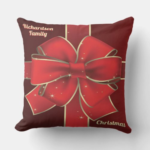 Christmas Big Red Bow Holiday Yule Ribbon Monogram Outdoor Pillow