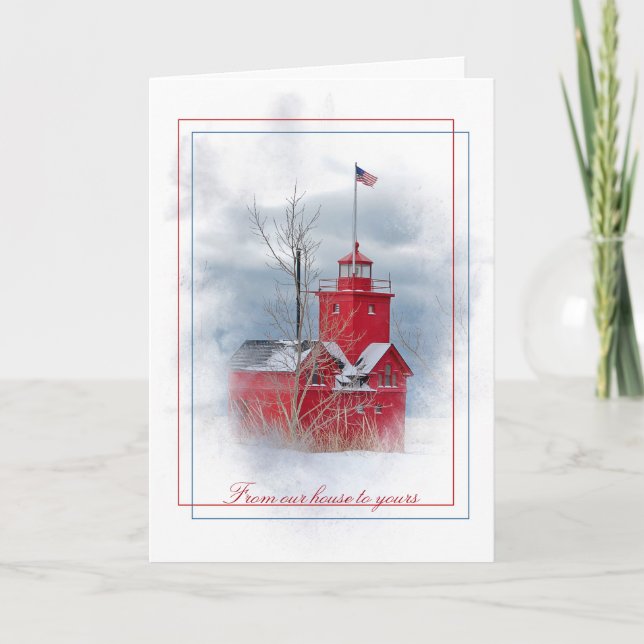 Christmas Big Red lighthouse in winter Holiday Card (Front)