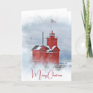 Christmas Big Red Michigan Lighthouse In Winter Holiday Card