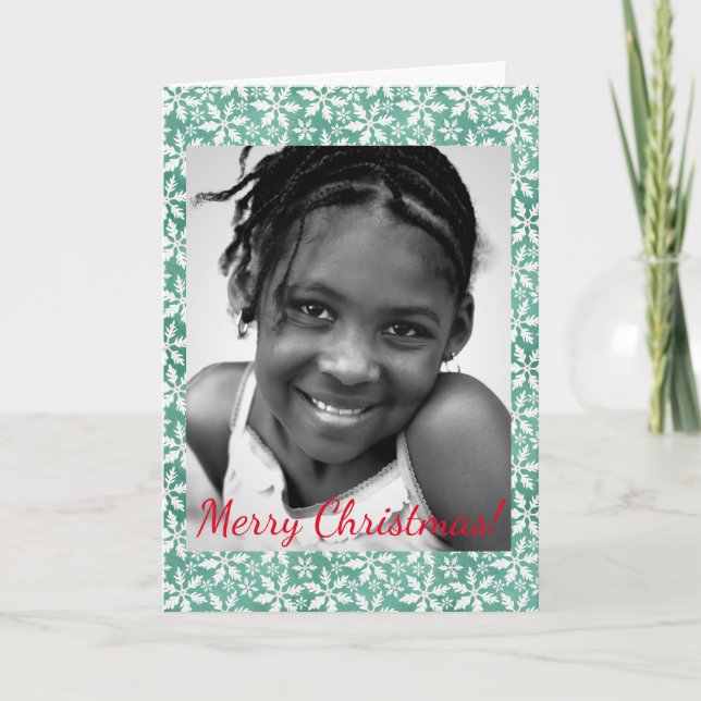 Christmas Big White Snowflakes Falling Green Photo Note Card (Front)