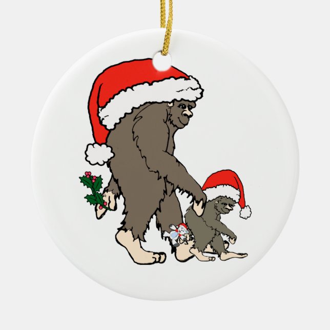 Christmas Bigfoot Family Ceramic Ornament (Front)