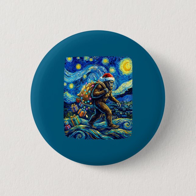 Christmas Bigfoot Santa Hat Van Gogh Starry Night  Button (Front)