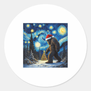 Christmas Bigfoot Santa Hat Van Gogh Starry Night Classic Round Sticker