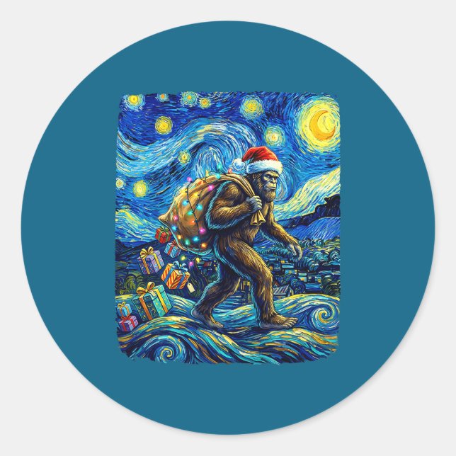 Christmas Bigfoot Santa Hat Van Gogh Starry Night  Classic Round Sticker (Front)