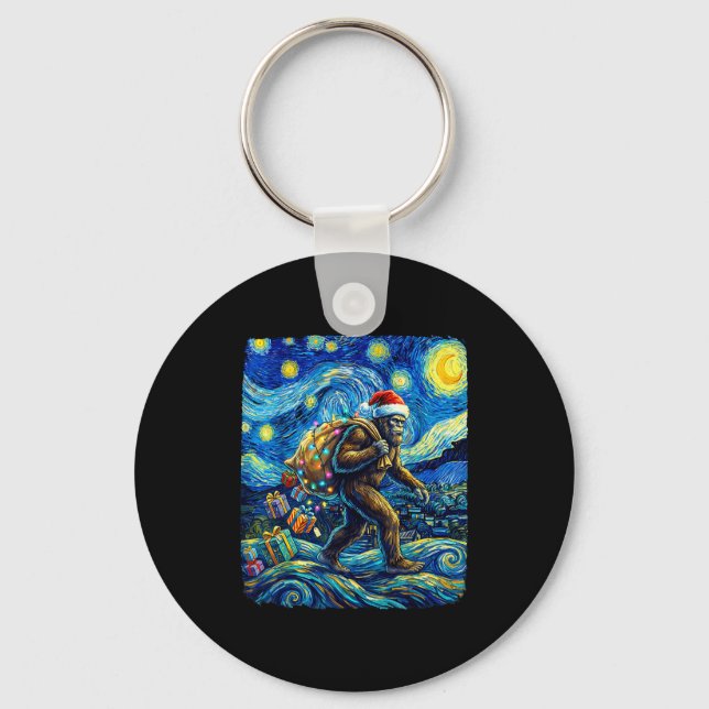 Christmas Bigfoot Santa Hat Van Gogh Starry Night  Keychain (Front)
