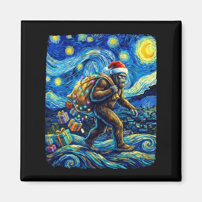 Christmas Bigfoot Santa Hat Van Gogh Starry Night  Magnet (Front)