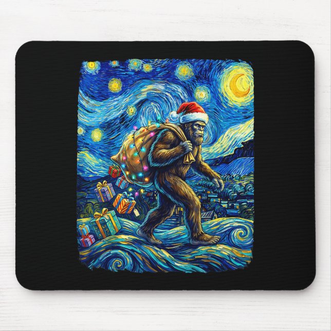 Christmas Bigfoot Santa Hat Van Gogh Starry Night  Mouse Pad (Front)
