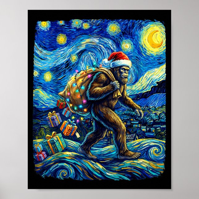 Christmas Bigfoot Santa Hat Van Gogh Starry Night  Poster (Front)