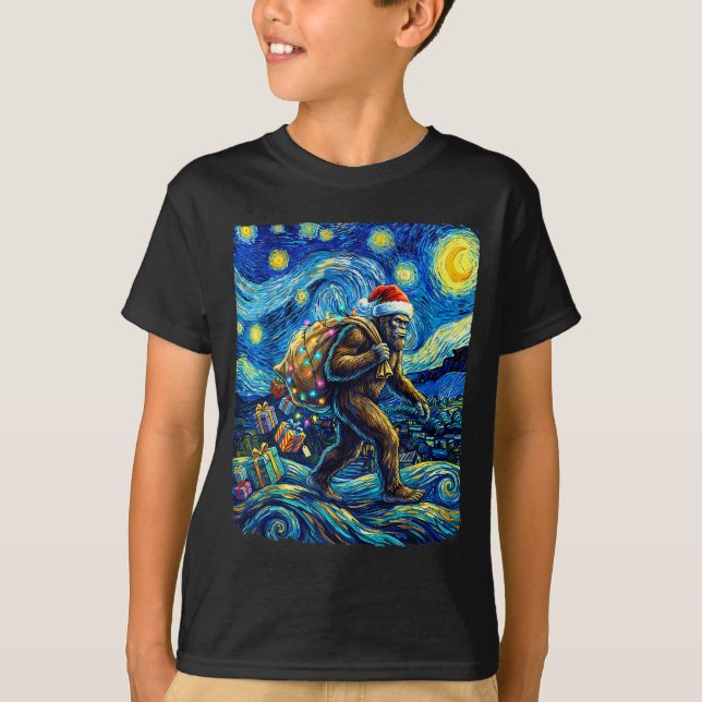 Christmas Bigfoot Santa Hat Van Gogh Starry Night  T-Shirt (Front)