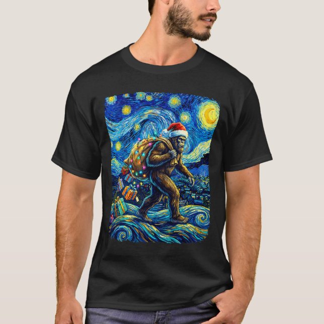 Christmas Bigfoot Santa Hat Van Gogh Starry Night  T-Shirt (Front)