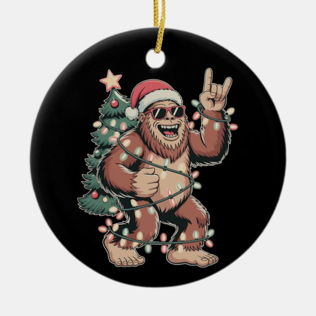 Christmas Bigfoot Sasquatch Santa Hat Xmas Tree Ceramic Ornament (Front)