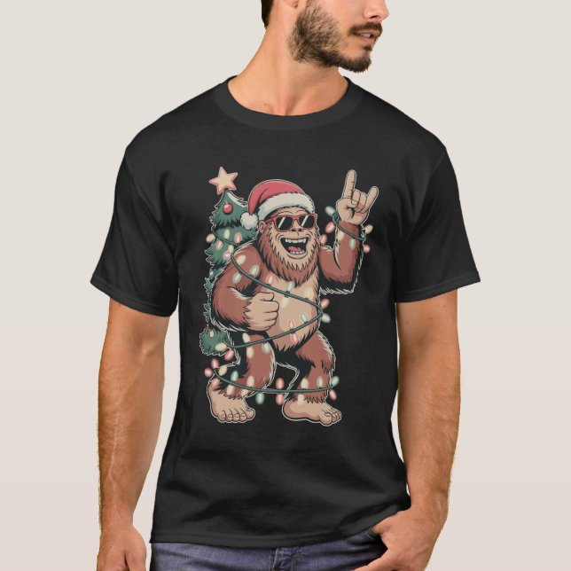 Christmas Bigfoot Sasquatch Santa Hat Xmas Tree T-Shirt (Front)