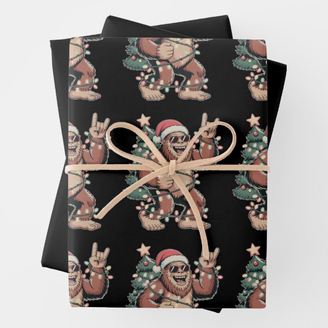 Christmas Bigfoot Sasquatch Santa Hat Xmas Tree Wrapping Paper Sheets (In situ)