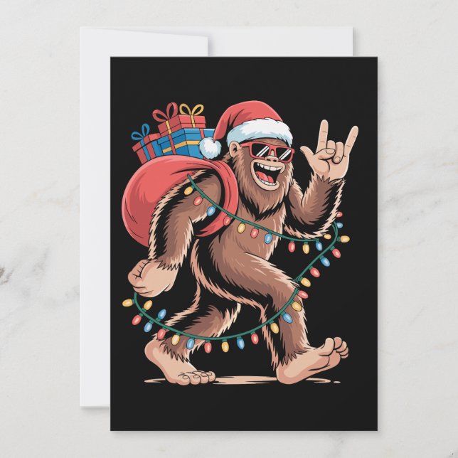 Christmas Bigfoot Sasquatch Xmas Tree Lights Santa Holiday Card (Front)