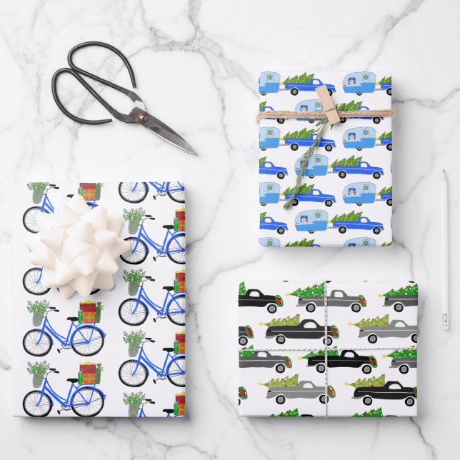 Christmas Bikes RVs Trucks Transport Variety Pack Wrapping Paper Sheets (Front)