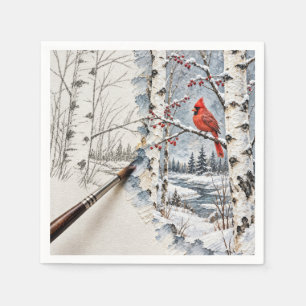 Christmas Birch Forest and Cardinal Painting Napkins