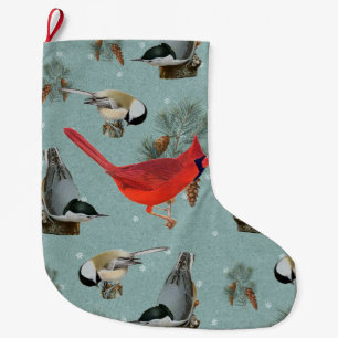 Christmas Bird Cardinal Nuthatch Chickadee Snow  Large Christmas Stocking