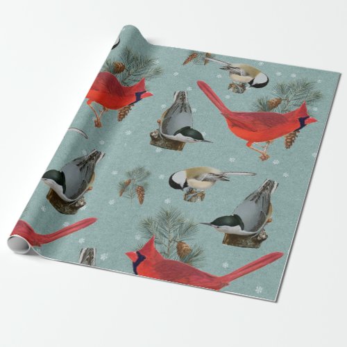 Christmas Bird Cardinal Nuthatch Chickadee Snow Wrapping Paper