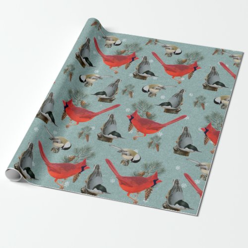 Christmas Bird Cardinal Nuthatch Chickadee Teal Wrapping Paper
