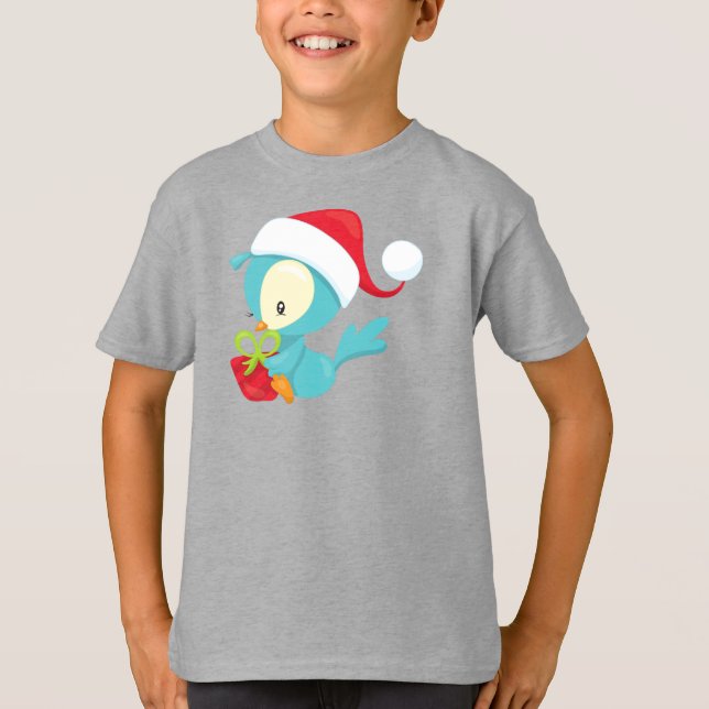 Christmas Bird, Cute Bird, Santa Hat, Gift, Xmas T-Shirt (Front)