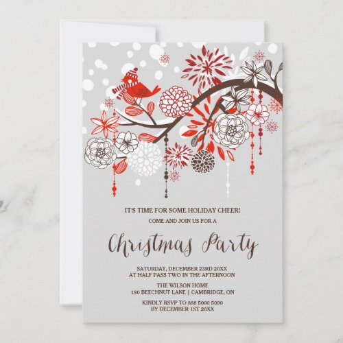 Christmas Bird Floral Holiday Party Invitation