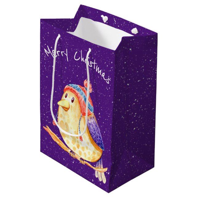 Christmas Bird in Snowflakes on Purple  Medium Gift Bag (Front Angled)