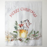 Christmas Bird in snowy woods merry Christmas Tapestry<br><div class="desc">Christmas bird with Christmas floral arrangement. Modern watercolors hand illustration. Merry Christmas text is customizable and optional.</div>
