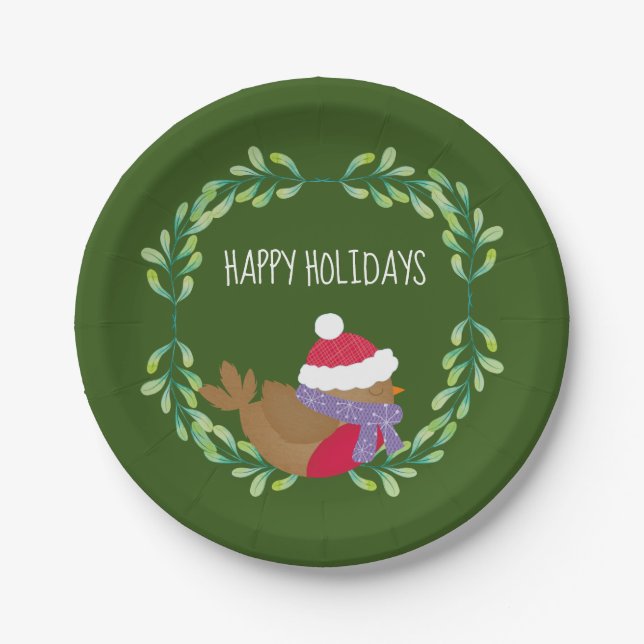 Christmas Bird On A Branch Paper Plate (Front)