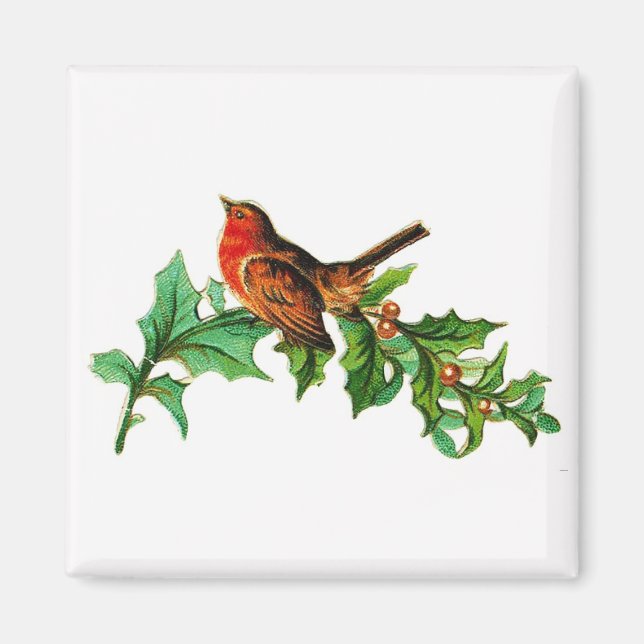 Christmas Bird on Holly Vintage Magnet (Front)