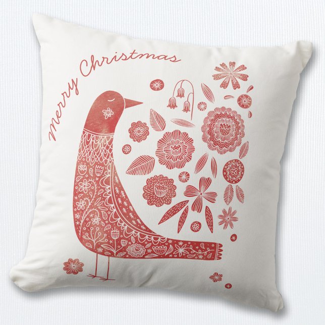 Christmas Bird Scandinavian Red White Throw Pillow (Scandinavian Nordic red and white bird pillow with Merry Christmas text.)