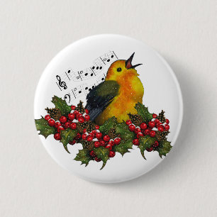 Christmas Bird Singing With Hollly, Berries Pinback Button
