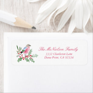 Christmas Bird Watercolor Holly Berries Address Label