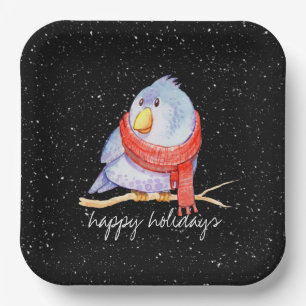 Christmas Bird with Scarf In Snowflakes  Paper Plates