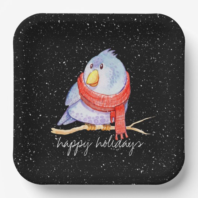 Christmas Bird with Scarf In Snowflakes  Paper Plates (Front)