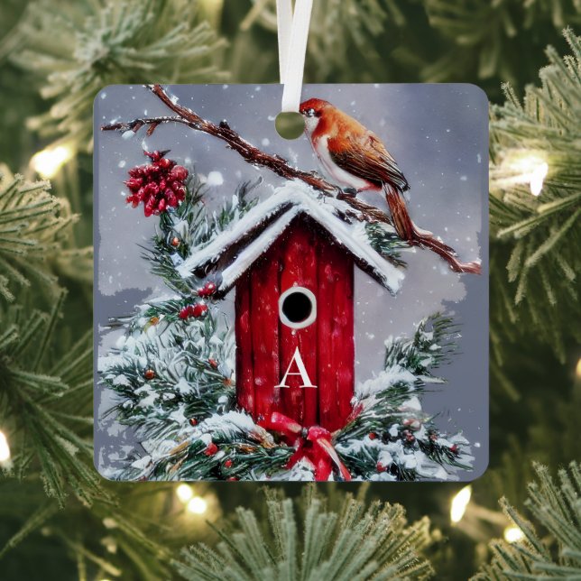 Christmas birdhouse initial  metal ornament (Insitu)