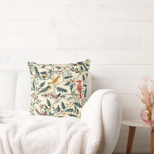 Christmas Birds and Leaves Throw Pillow