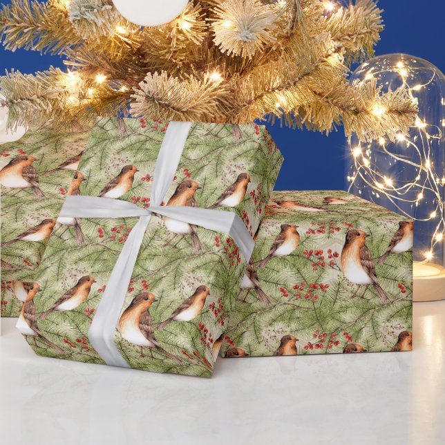 Christmas Birds and Pine Boughs and Berries Wrapping Paper (Holidays)