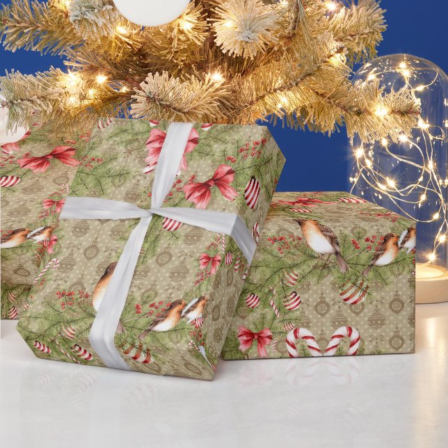 Christmas Birds and Pine Boughs and Candy Canes Wrapping Paper (Holidays)