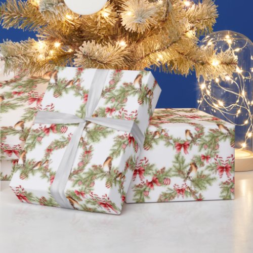 Christmas Birds and Pine Boughs and Red Bows Wrapping Paper
