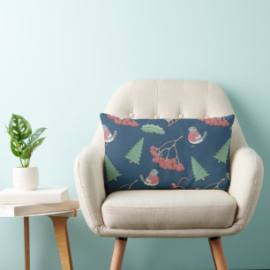 Christmas Birds and Sleds Blue Lumbar Pillow
