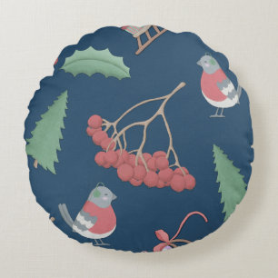 Christmas Birds and Sleds Blue Round Pillow