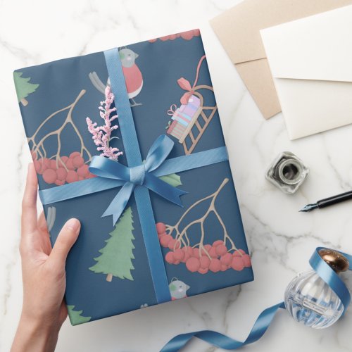Christmas Birds and Sleds Blue Wrapping Paper