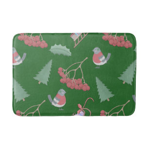 Christmas Birds and Sleds Green Bathroom Mat